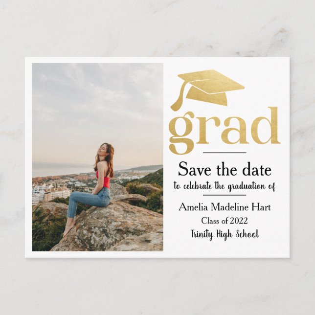 Graduation Faux Gold Foil | Save The Date Photo Postcard (Front)