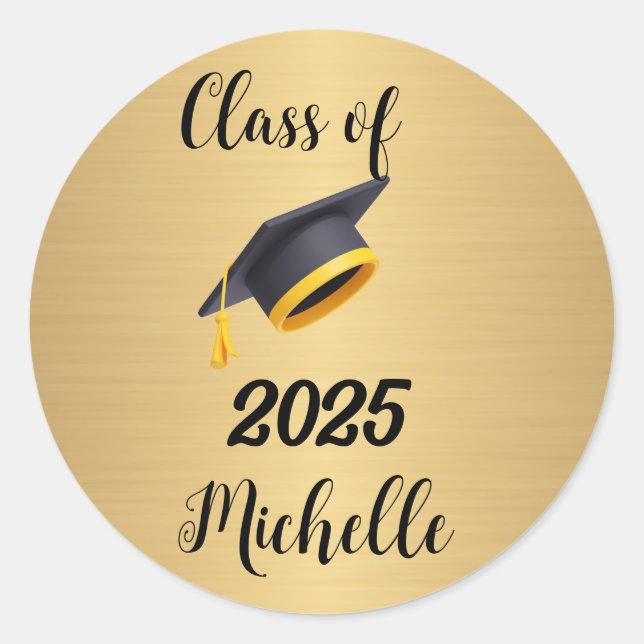 Graduation Faux Metallic Gold Handwritten Script Classic Round Sticker (Front)