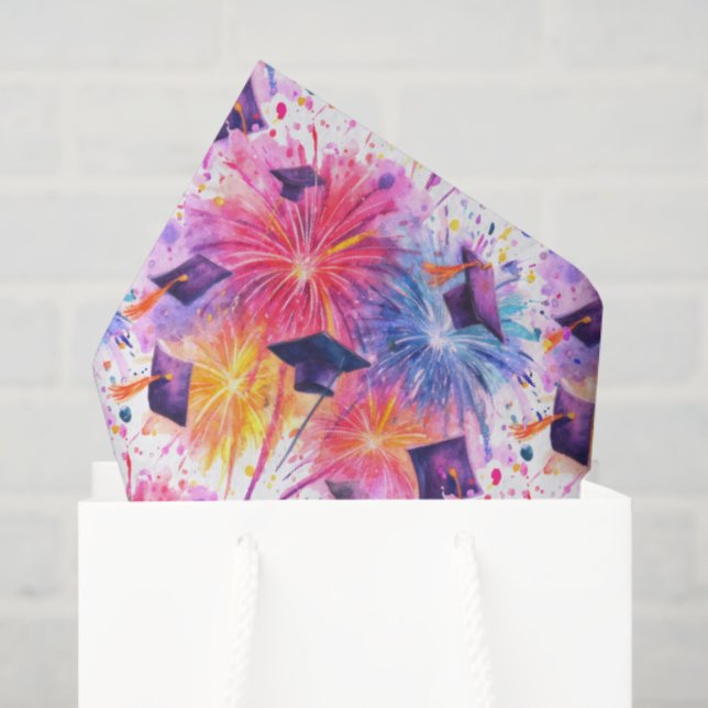 Graduation Fireworks Pattern with Tossed Caps Tissue Paper (Gift Bag)