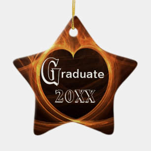 Graduation Flaming Orange Heart Design Keepsake Ceramic Tree Decoration