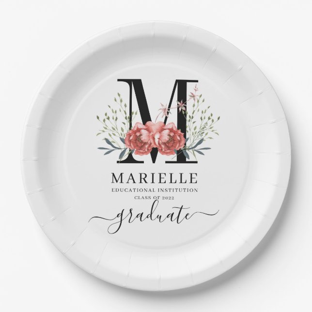 Graduation Floral Monogram Logo Party Paper  Paper Paper Plate (Front)