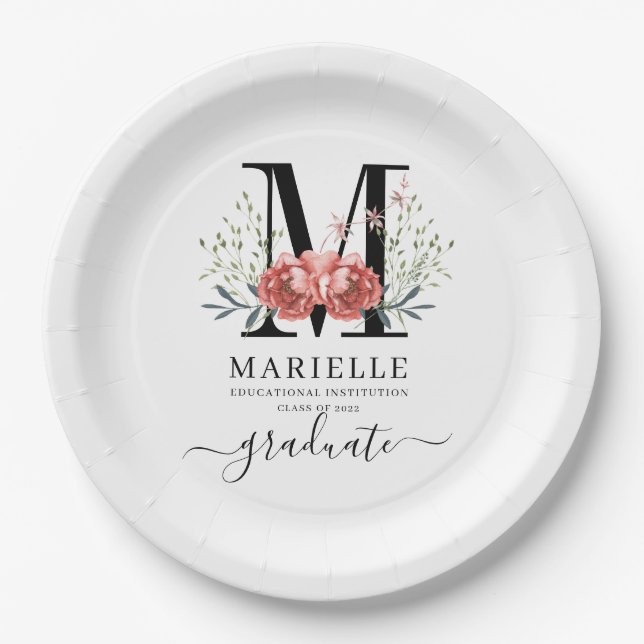 Graduation Floral Monogram Logo Party Paper  Paper Plate (Front)