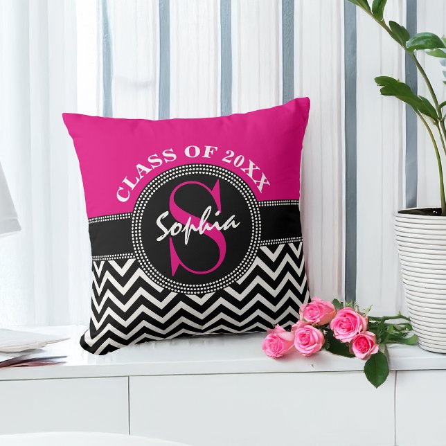 Graduation Girl Hot Pink and Black Class Year Cushion (Creator Uploaded)