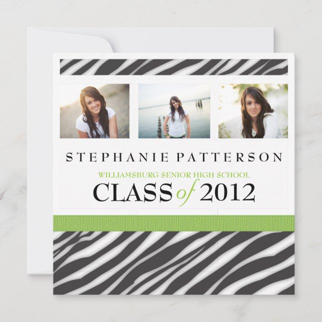 Graduation Glamour Girl Zebra Print with Green Invitation (Front)