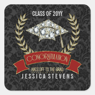 Graduation Glitter Hat Gold Wreath Square Sticker