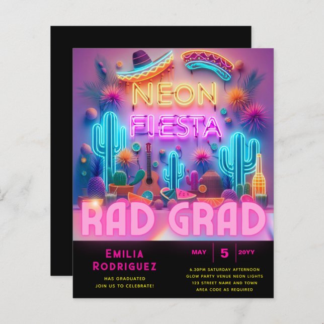 Graduation Glow Party Invitación Fiesta de Neón (Front/Back)