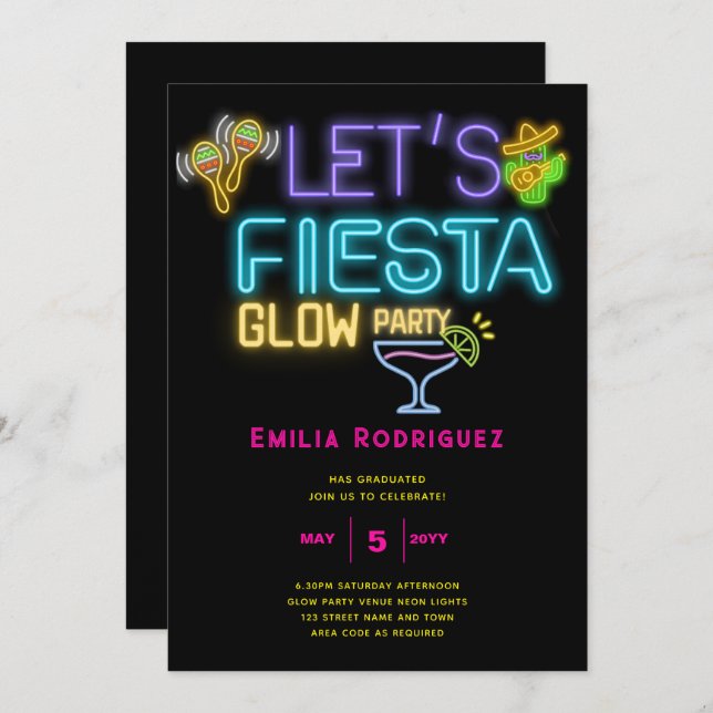 Graduation Glow Party Invitación Fiesta de Neón Invitation (Front/Back)