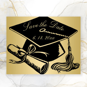 Graduation Gold Black Cap Diploma Save the Date Announcement