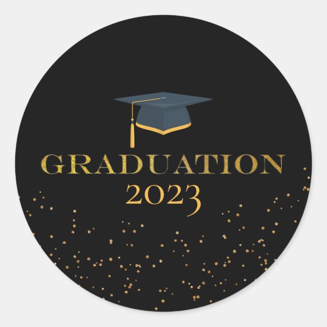graduation gold black confetti classic round sticker (Front)