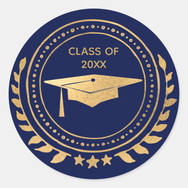 Graduation Gold Blue Grad Cap Classic Class of Round Sticker (Front)