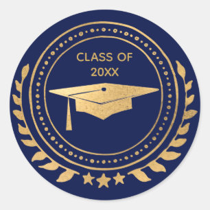 Graduation Gold Blue Grad Cap Classic Class of Round Sticker