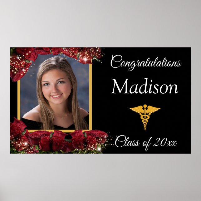 Graduation Gold Caduceus Red Roses Sparkle Poster (Front)