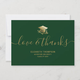 Graduation Gold Cap Love & Thanks Script Green Thank You Card