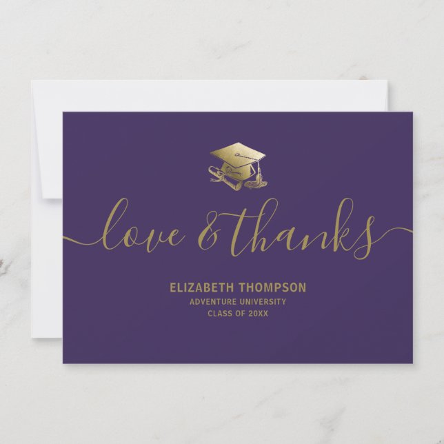 Graduation Gold Cap Love & Thanks Script Purple Thank You Card (Front)
