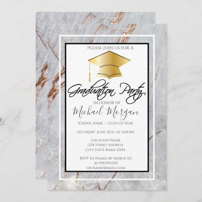 Graduation Gold Cap Marble Stone Graduation Party Invitation (Front/Back)