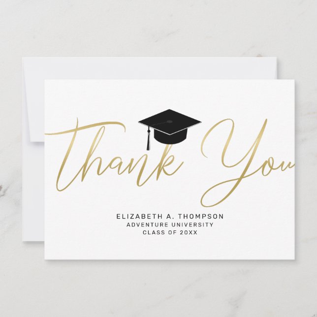 Graduation Gold Cap Thank You Modern Script Card (Front)