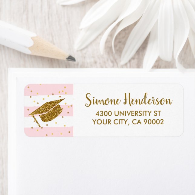 Graduation Gold Confetti Chic Pink Return Address Label (Insitu)