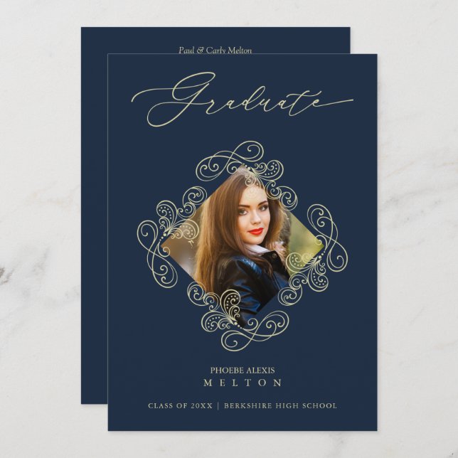 Graduation Gold Diamond Flourish Photo Invitation. Invitation (Front/Back)
