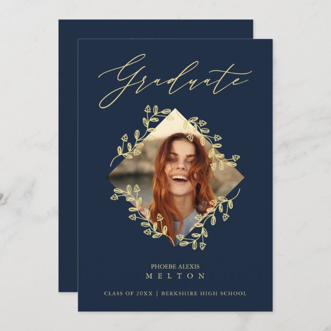 Graduation Gold Diamond Wildflower Navy Photo Invitation (Front/Back)