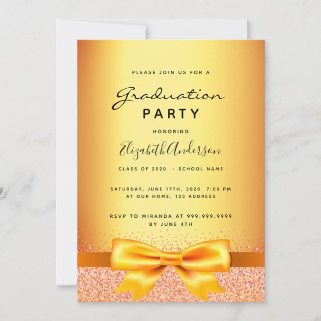 Graduation gold elegant bow invitation (Front)