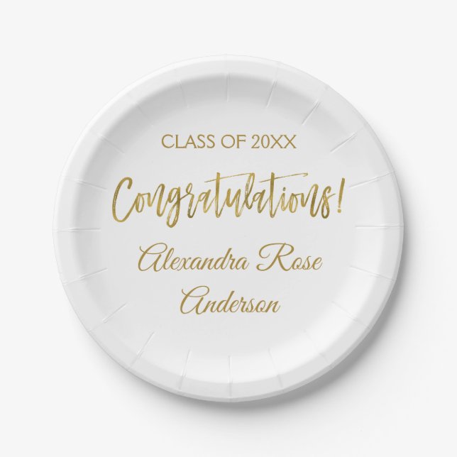 Graduation Gold Foil and White Congratulations Paper Plate (Front)