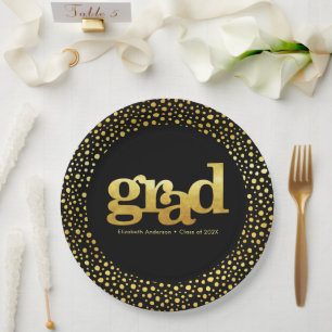Graduation gold foil typography black modern bold paper plate