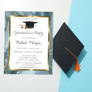 Graduation Gold Frame Cap Marble Graduation Party Invitation
