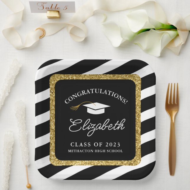 Graduation Gold Glitter Script Graduation Party  Paper Plate (Wedding)