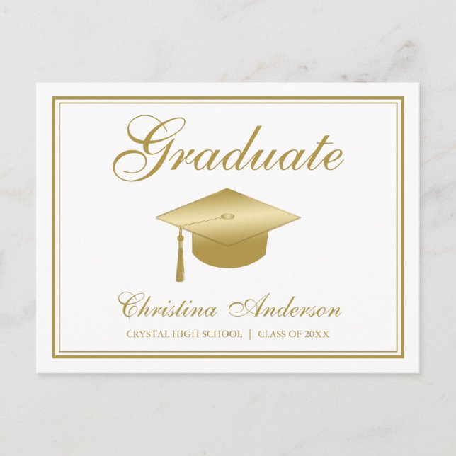 Graduation Gold Grad Cap & Script on White Party Invitation Postcard (Front)