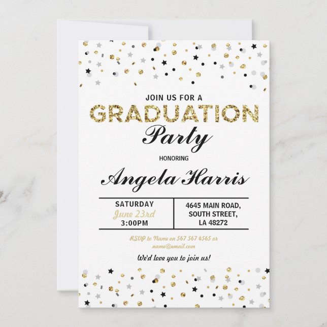 Graduation Gold Invite Party Polka Dot Stars (Front)