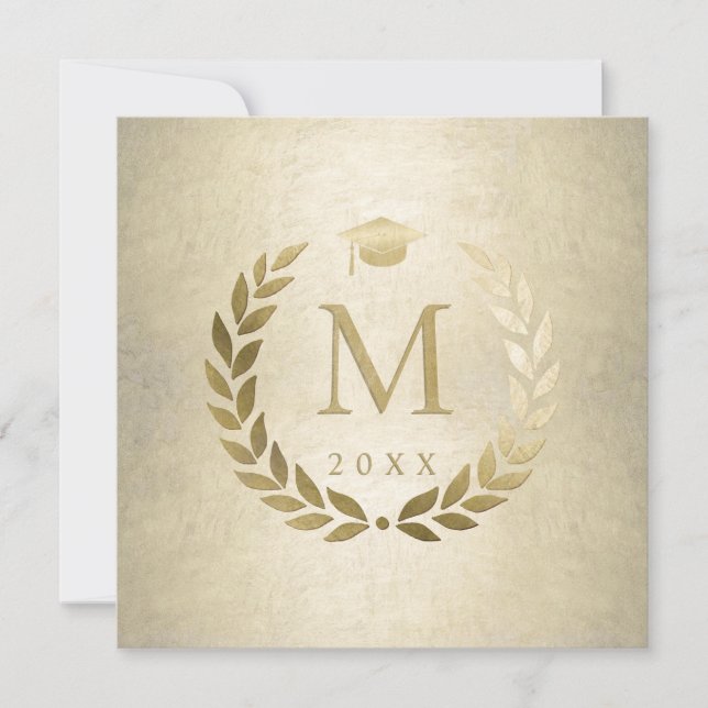 Graduation Gold Laurel Wreath Grad Cap Monogrammed Invitation (Front)