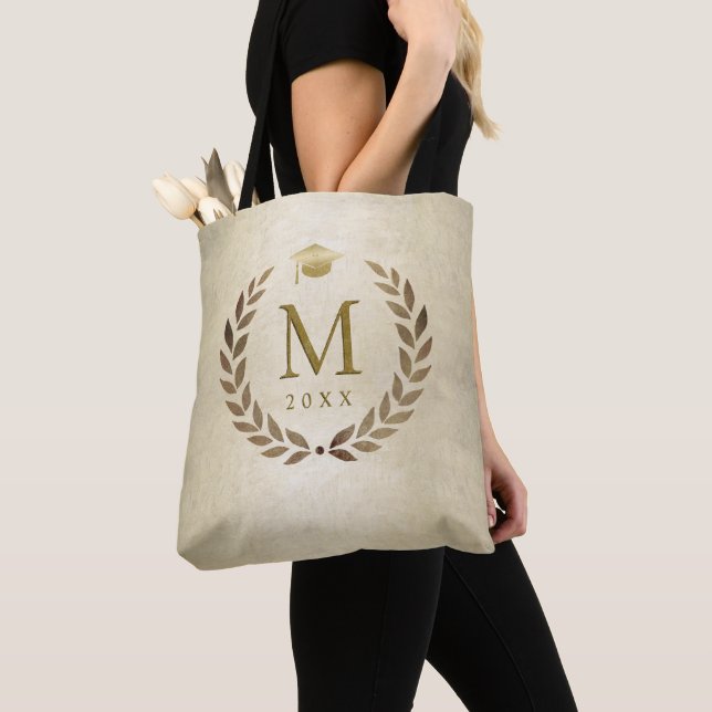 Graduation Gold Laurel Wreath Monogrammed Initial Tote Bag (Close Up)
