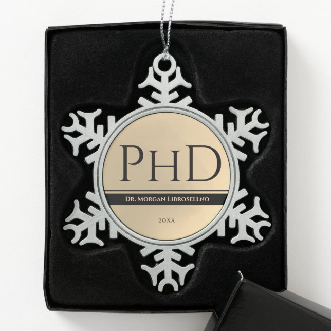 Graduation Gold Name Year PhD Snowflake Pewter Christmas Ornament (Box)