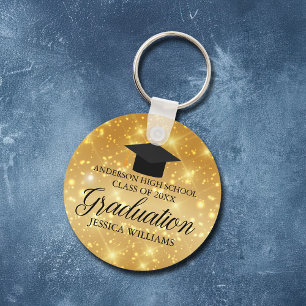 Graduation Gold Sparkle Chic Custom School Name Key Ring
