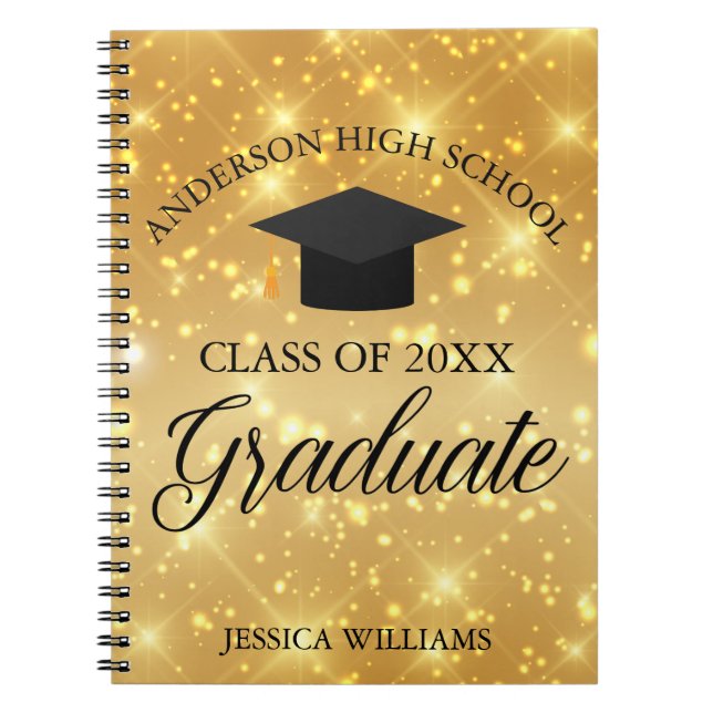 Graduation Gold Sparkle Elegant Personalised 2025 Notebook (Front)