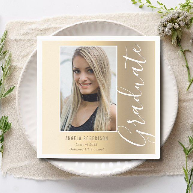 Graduation Gold Stylish Script Modern Photo Party Napkin (Creator Uploaded)
