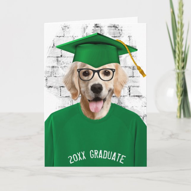 graduation golden retriever in green t-shirt card (Front)