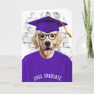 graduation golden retriever in purple t-shirt card
