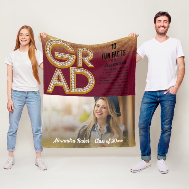 Graduation Grad Glitter Gold Fun Facts Photo Class Fleece Blanket (In Situ)