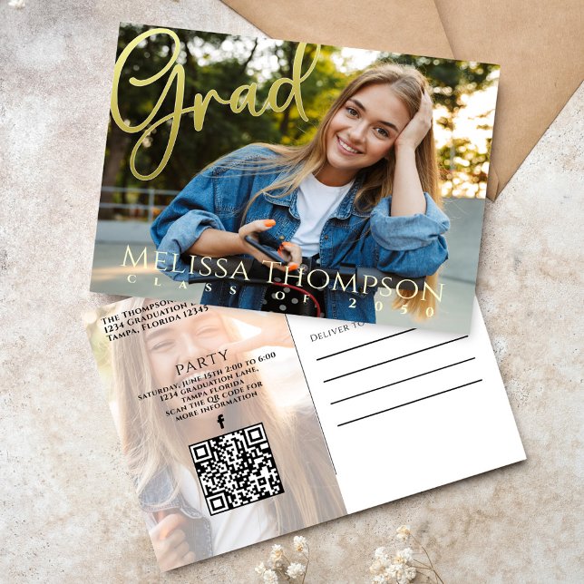 Graduation Grad Gold Calligraphy | QR Code Website Postcard (Graduation gold calligraphy typography photo invitation postcard)