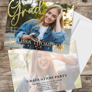 Graduation Grad Gold Calligraphy Simple Two Photo Invitation