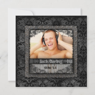 Graduation Grad Metal Suede Cool Photo Damask Invitation