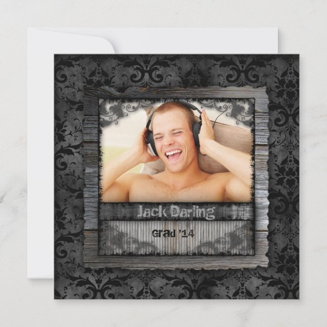 Graduation Grad Wood Damask Vintage Photo Invitation (Front)
