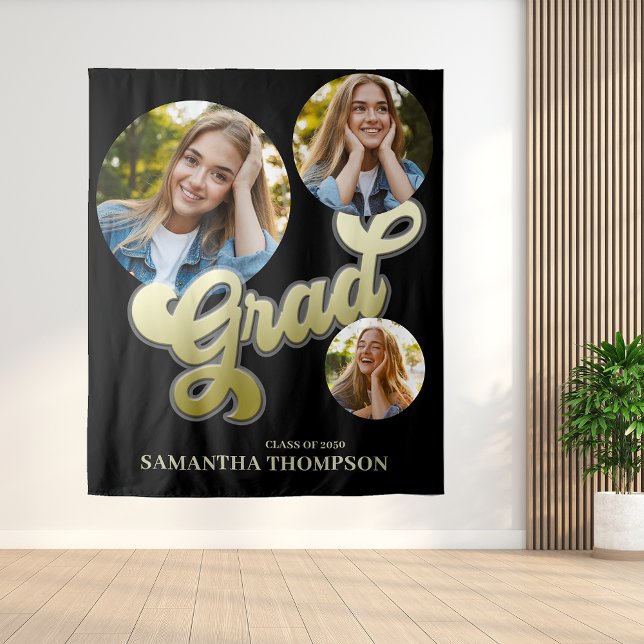 Graduation Graduate Black and Gold Photo Party Tapestry (Graduation backdrop With black and white calligraphy script typography. )
