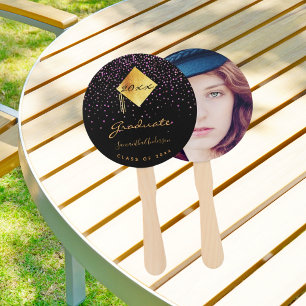 Graduation graduate black gold purple photo hand fan