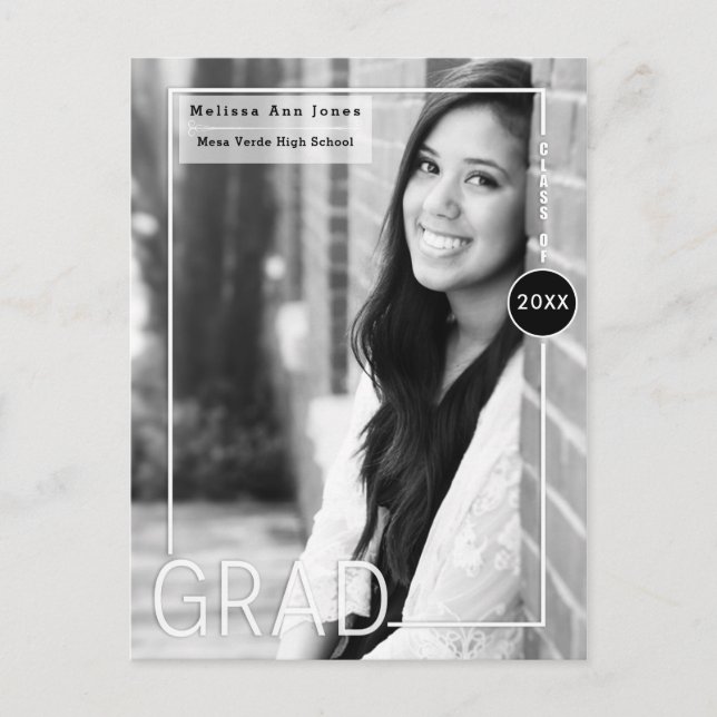 Graduation Graduate Black White Modern Photo Invitation Postcard (Front)