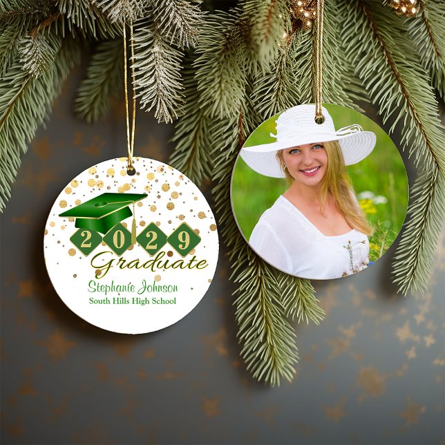 Graduation Green and Gold 20xx Photo Ceramic Ornament (Graduation Green and Gold Photo Ceramic Ornament)