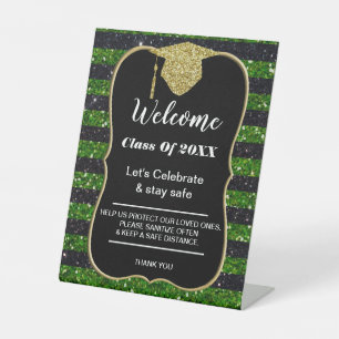 Graduation Green Black Stripes Party safety Pedestal Sign