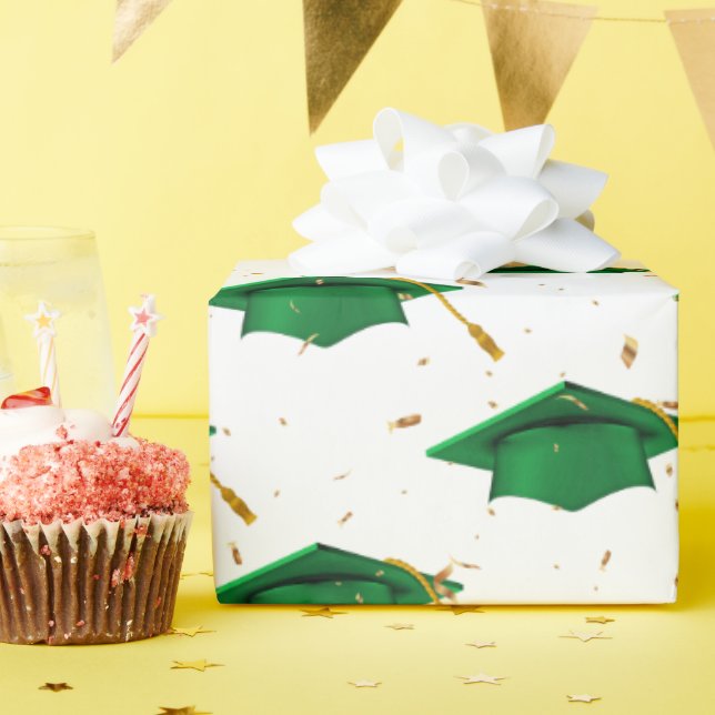 Graduation Green Caps and Gold Confetti  Wrapping Paper (Birthday Party)