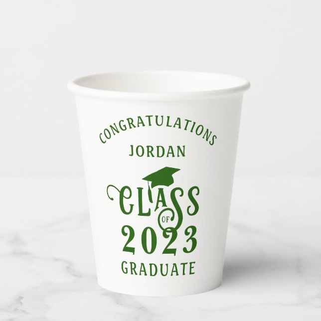 Graduation Green Class Year Congrats Name Paper Cups (Front)